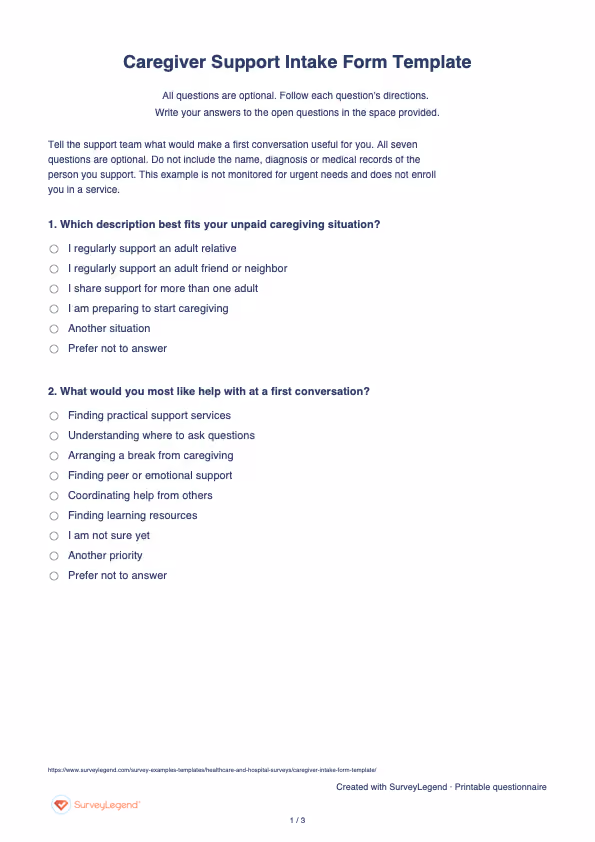 First page of the printable Caregiver Support Intake Form Template with questions and answer spaces