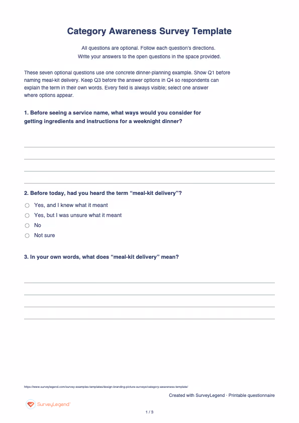 First page of the printable Category Awareness Survey Template with questions and answer spaces