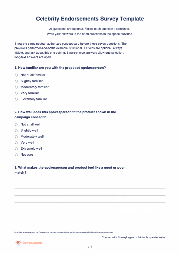 First page of the printable Celebrity Endorsements Survey Template with questions and answer spaces