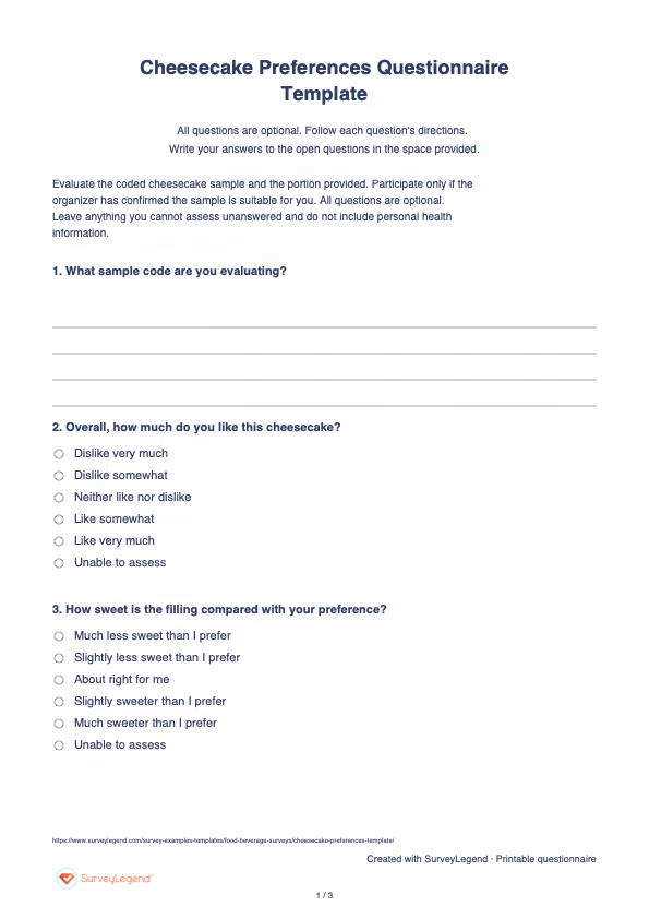 First page of the printable Cheesecake Preferences Questionnaire Template with questions and answer spaces