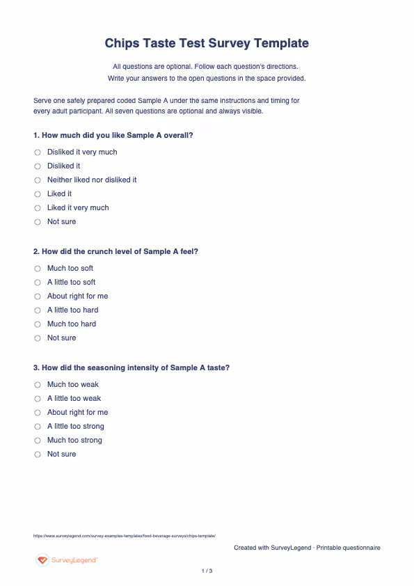 First page of the printable Chips Taste Test Survey Template with questions and answer spaces