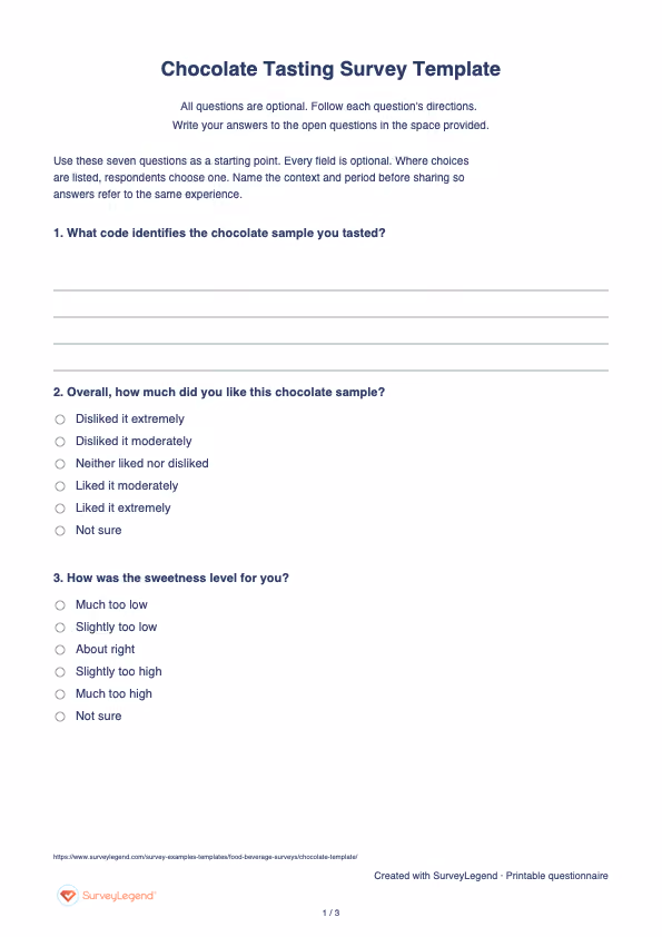 First page of the printable Chocolate Tasting Survey Template with questions and answer spaces