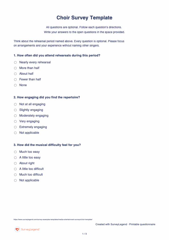First page of the printable Choir Survey Template with questions and answer spaces