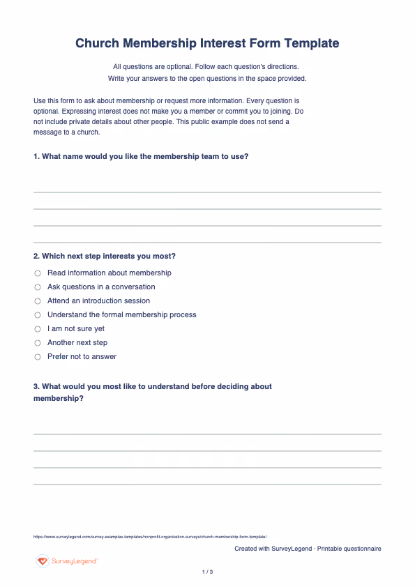 First page of the printable Church Membership Interest Form Template with questions and answer spaces