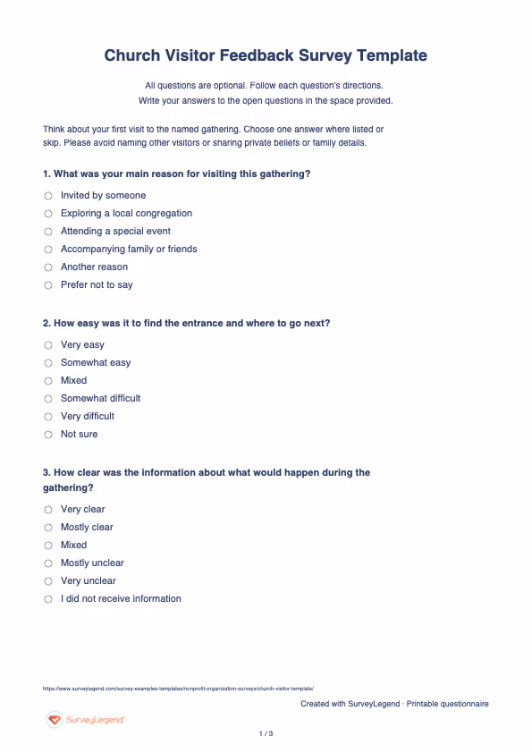 First page of the printable Church Visitor Feedback Survey Template with questions and answer spaces