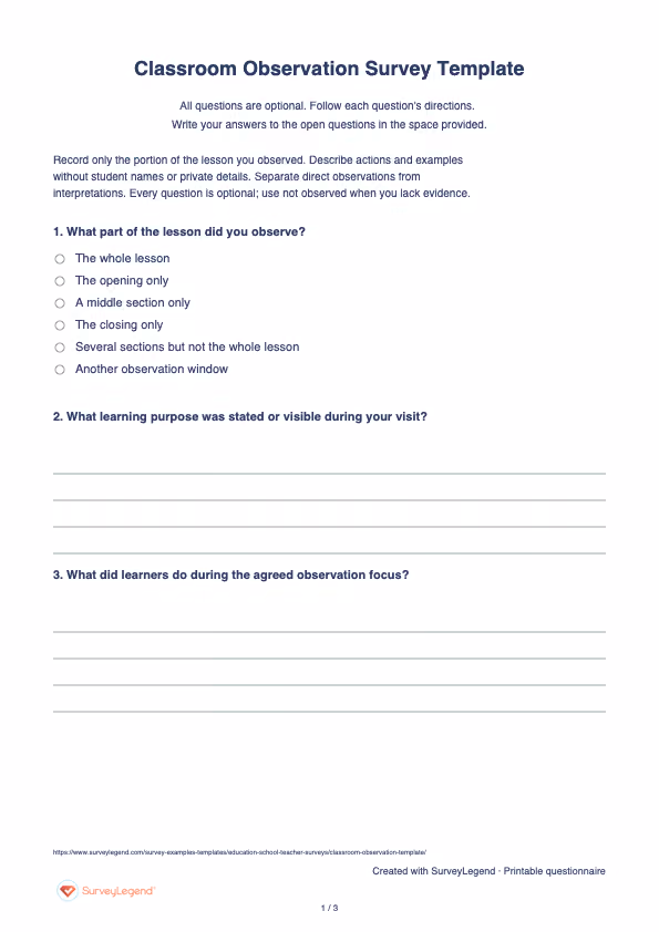 First page of the printable Classroom Observation Survey Template with questions and answer spaces