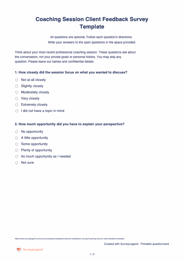 First page of the printable Coaching Session Client Feedback Survey Template with questions and answer spaces