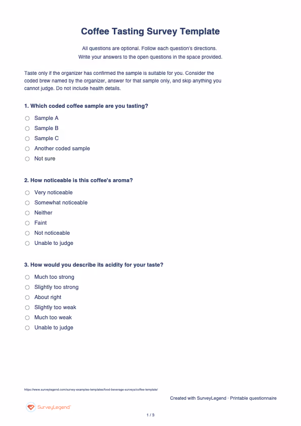 First page of the printable Coffee Tasting Survey Template with questions and answer spaces