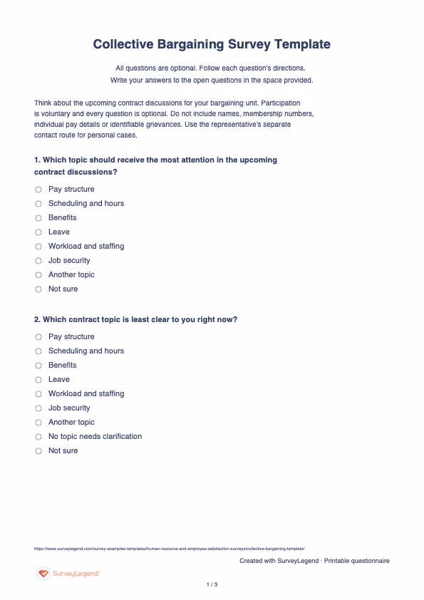 First page of the printable Collective Bargaining Survey Template with questions and answer spaces