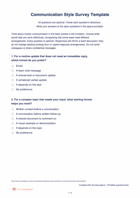 First page of the printable Communication Style Survey Template with questions and answer spaces