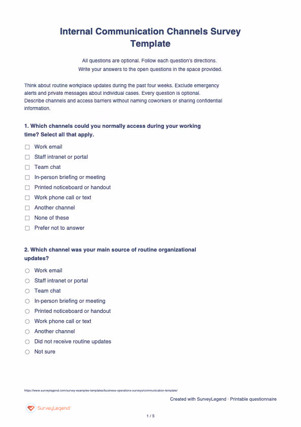 First page of the printable Internal Communication Channels Survey Template with questions and answer spaces