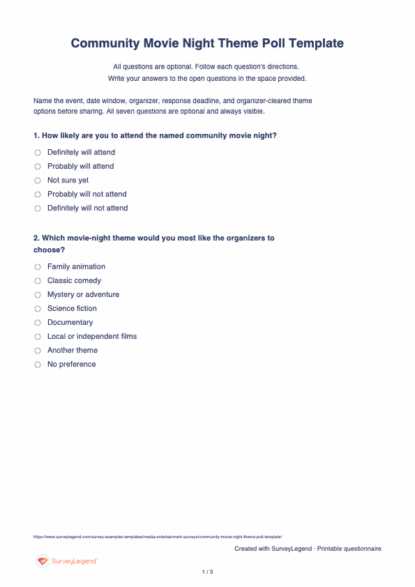 First page of the printable Community Movie Night Theme Poll Template with questions and answer spaces