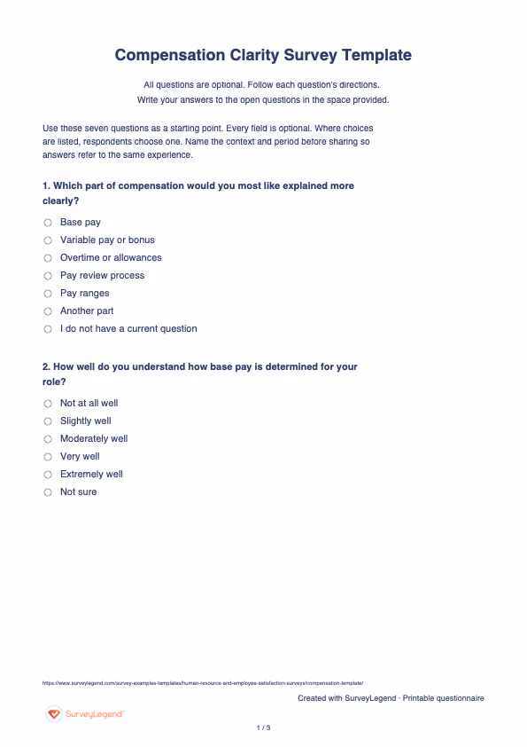 First page of the printable Compensation Clarity Survey Template with questions and answer spaces