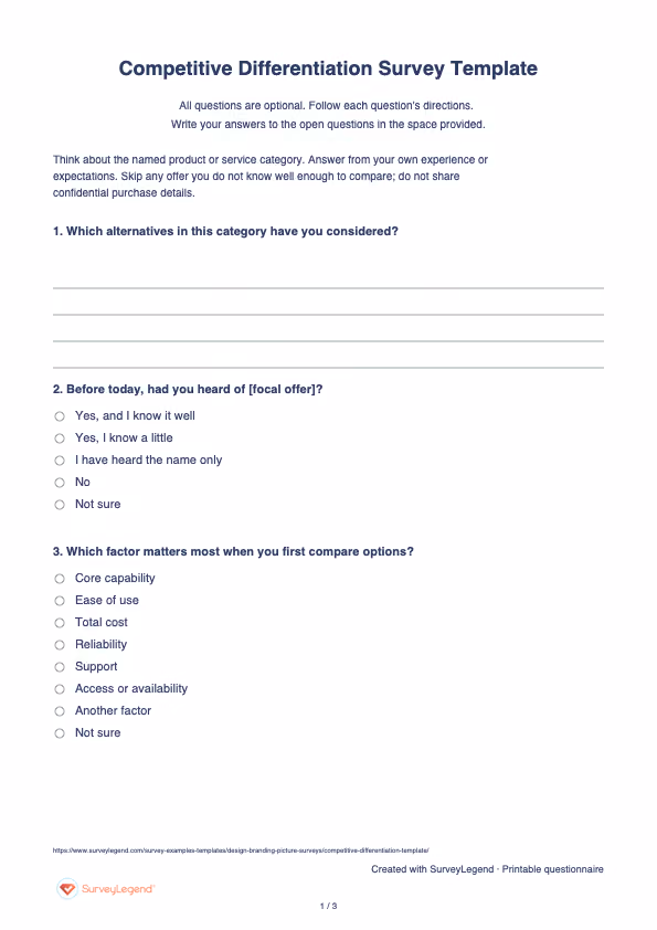 First page of the printable Competitive Differentiation Survey Template with questions and answer spaces