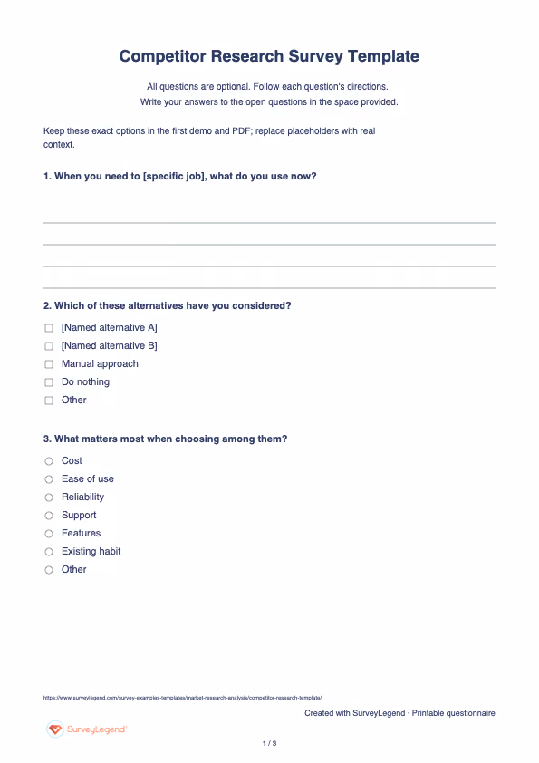 First page of the printable Competitor Research Survey Template with questions and answer spaces