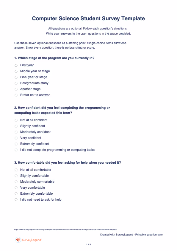 First page of the printable Computer Science Student Survey Template with questions and answer spaces