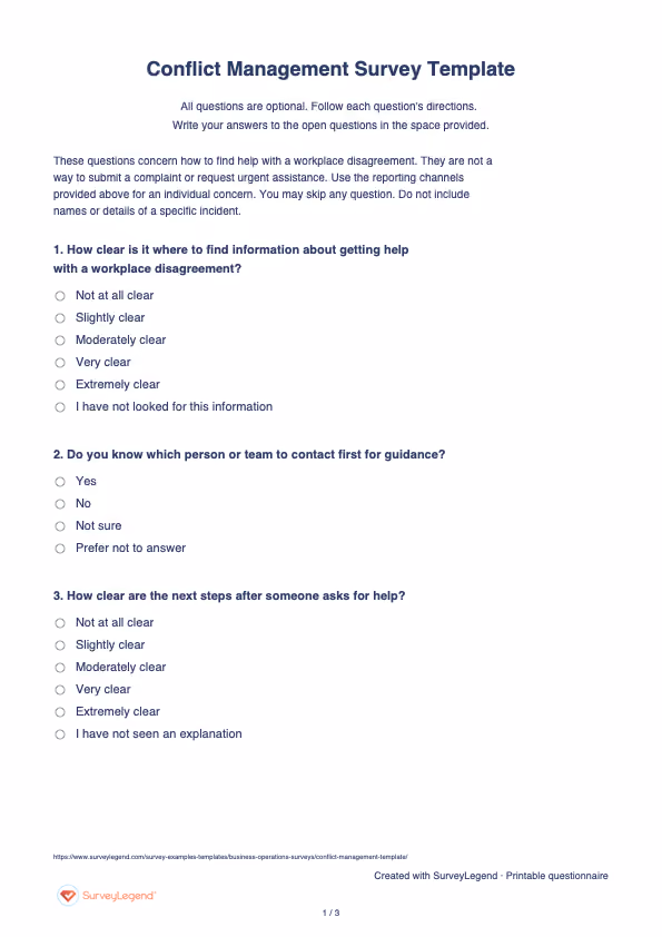 First page of the printable Conflict Management Survey Template with questions and answer spaces