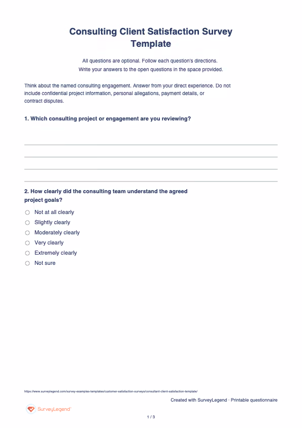 First page of the printable Consulting Client Satisfaction Survey Template with questions and answer spaces