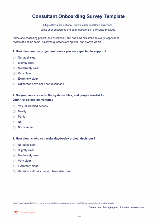 First page of the printable Consultant Onboarding Survey Template with questions and answer spaces