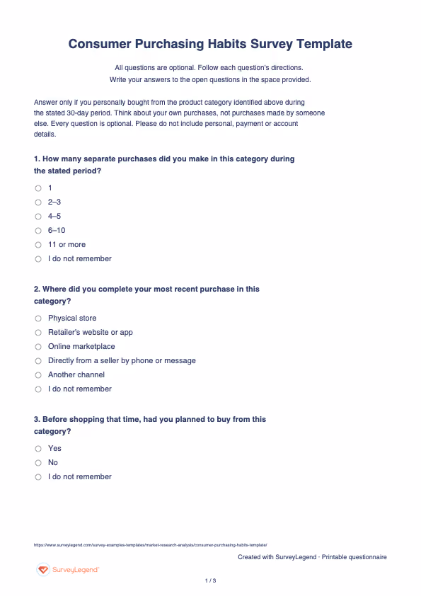 First page of the printable Consumer Purchasing Habits Survey Template with questions and answer spaces