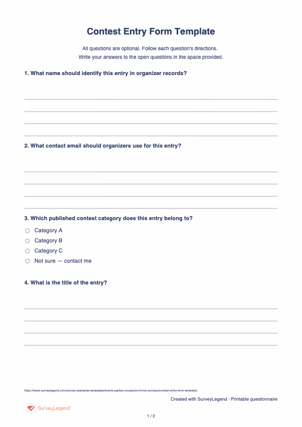 First page of the printable Contest Entry Form Template with questions and answer spaces