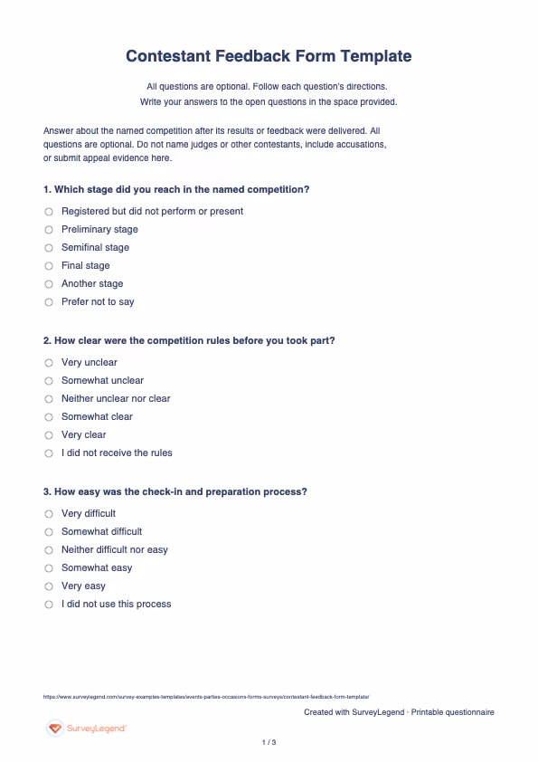 First page of the printable Contestant Feedback Form Template with questions and answer spaces