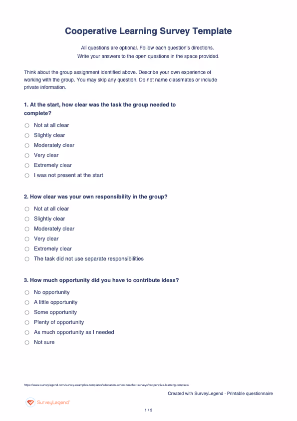 First page of the printable Cooperative Learning Survey Template with questions and answer spaces