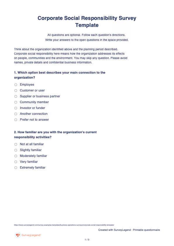 First page of the printable Corporate Social Responsibility Survey Template with questions and answer spaces