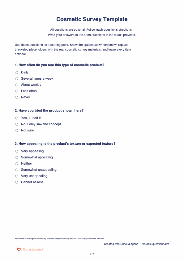 First page of the printable Cosmetic Survey Template with questions and answer spaces