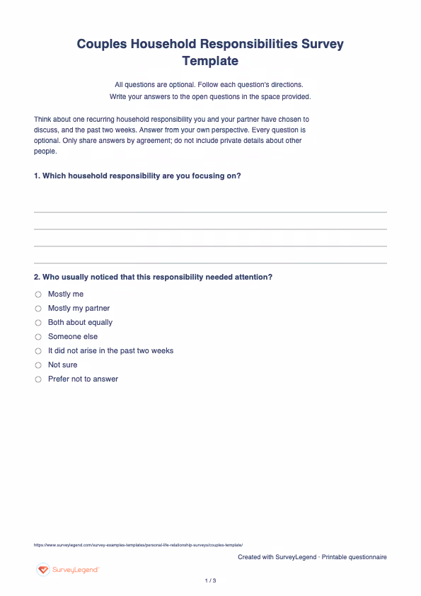 First page of the printable Couples Household Responsibilities Survey Template with questions and answer spaces
