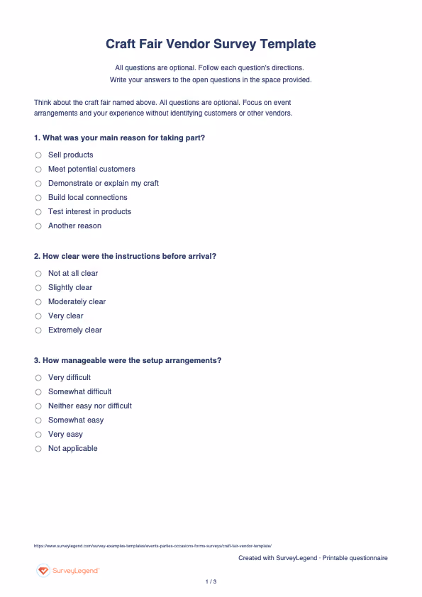 First page of the printable Craft Fair Vendor Survey Template with questions and answer spaces