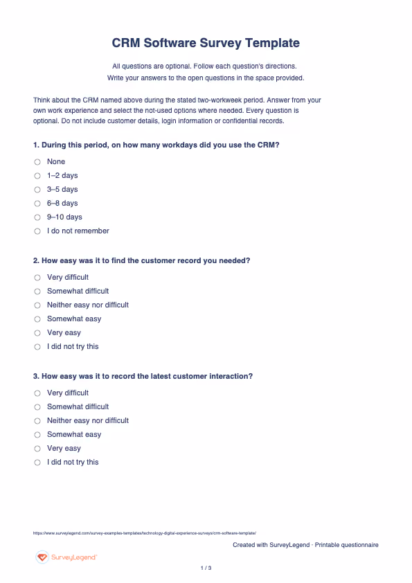 First page of the printable CRM Software Survey Template with questions and answer spaces