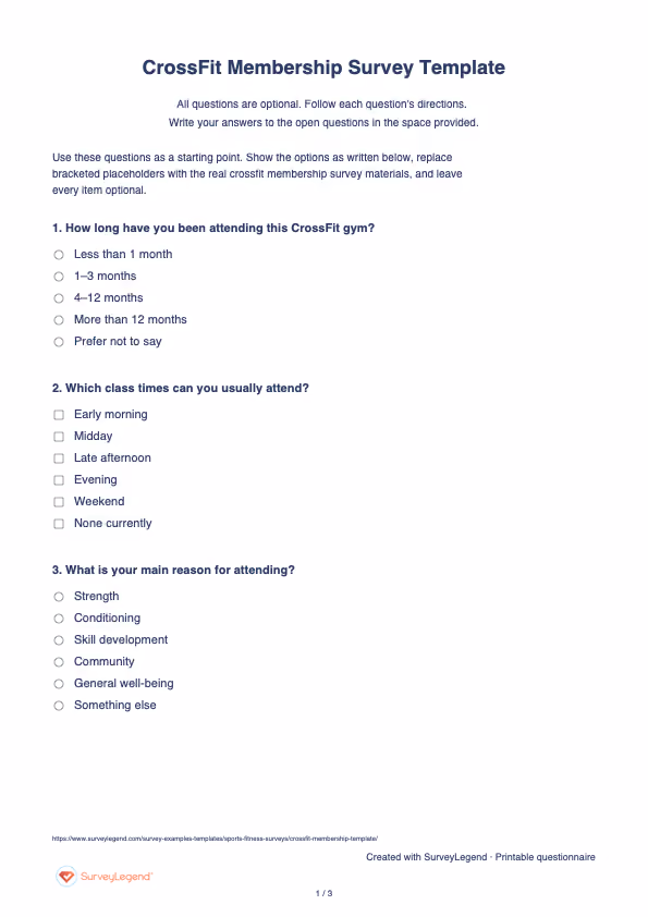 First page of the printable CrossFit Membership Survey Template with questions and answer spaces