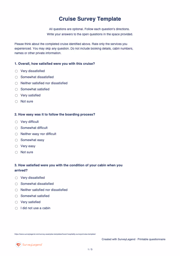 First page of the printable Cruise Survey Template with questions and answer spaces
