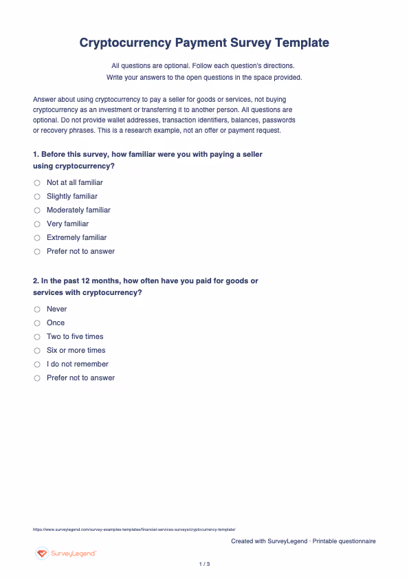 First page of the printable Cryptocurrency Payment Survey Template with questions and answer spaces