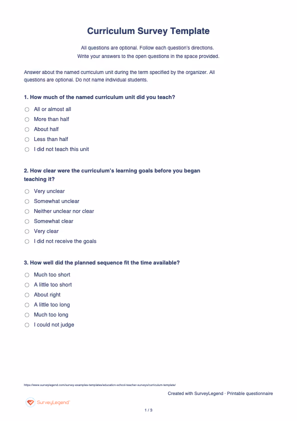 First page of the printable Curriculum Survey Template with questions and answer spaces