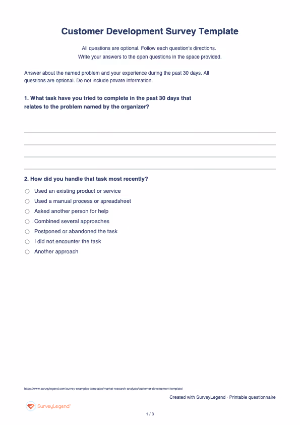 First page of the printable Customer Development Survey Template with questions and answer spaces
