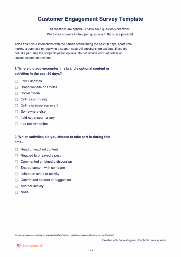 First page of the printable Customer Engagement Survey Template with questions and answer spaces
