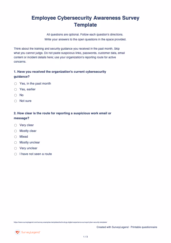 First page of the printable Employee Cybersecurity Awareness Survey Template with questions and answer spaces