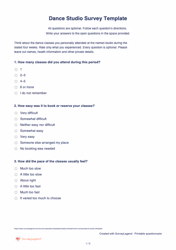 First page of the printable Dance Studio Survey Template with questions and answer spaces