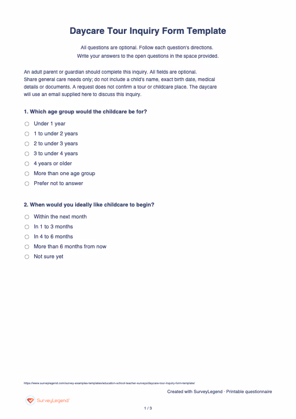 First page of the printable Daycare Tour Inquiry Form Template with questions and answer spaces