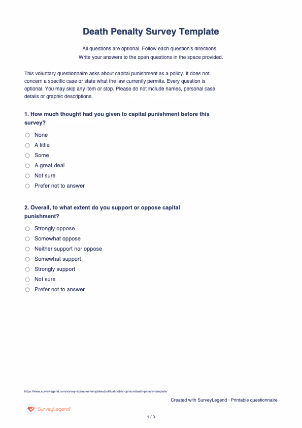 First page of the printable Death Penalty Survey Template with questions and answer spaces