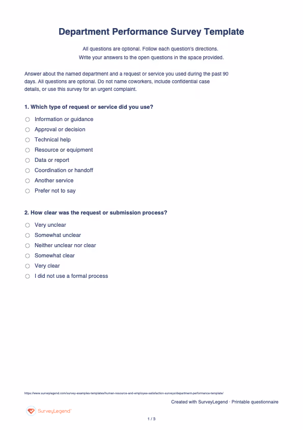 First page of the printable Department Performance Survey Template with questions and answer spaces