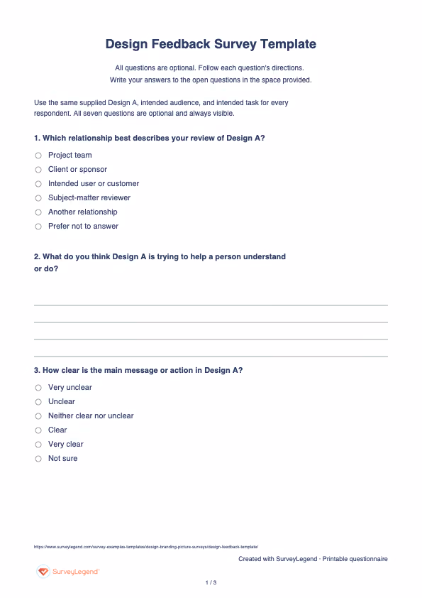 First page of the printable Design Feedback Survey Template with questions and answer spaces