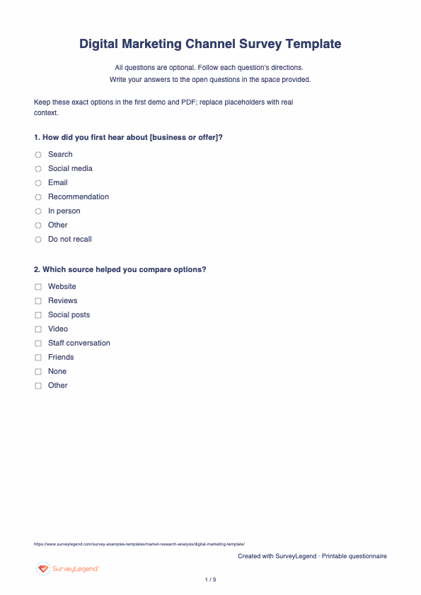 First page of the printable Digital Marketing Channel Survey Template with questions and answer spaces