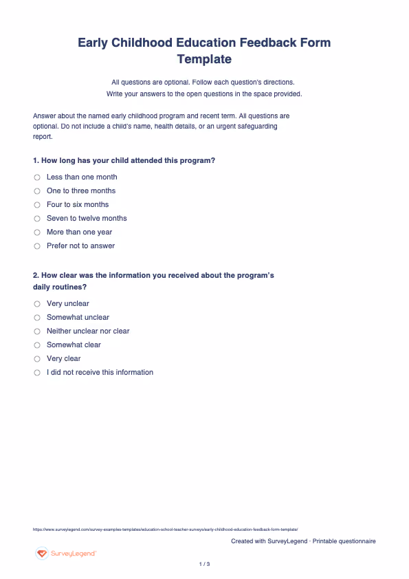 First page of the printable Early Childhood Education Feedback Form Template with questions and answer spaces