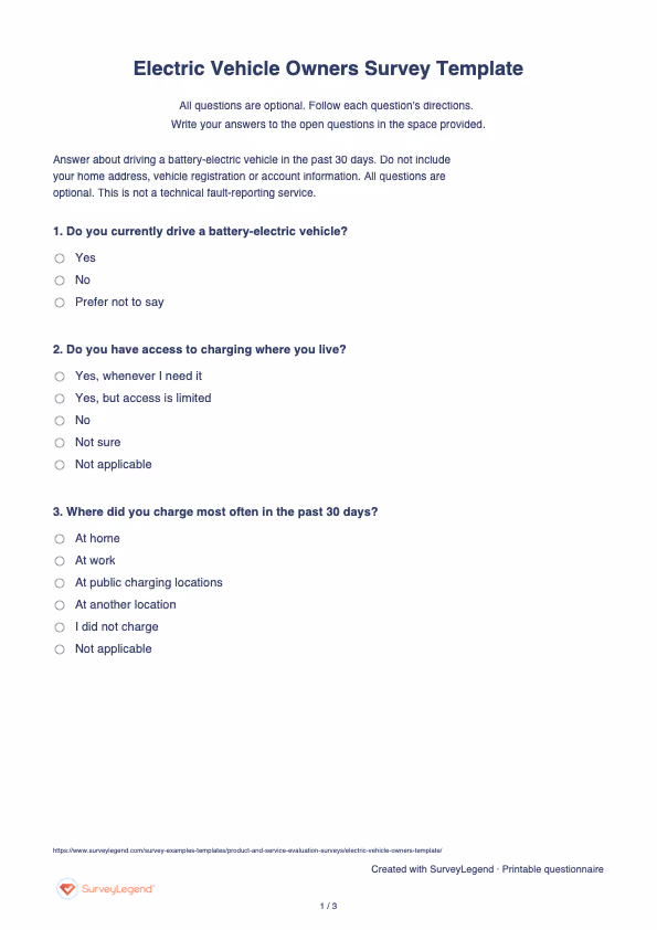 First page of the printable Electric Vehicle Owners Survey Template with questions and answer spaces