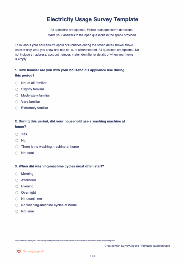 First page of the printable Electricity Usage Survey Template with questions and answer spaces