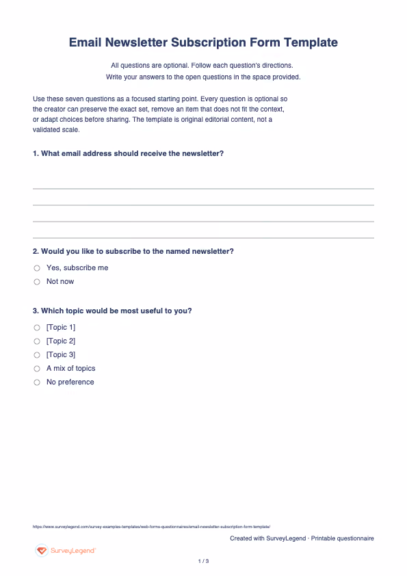 First page of the printable Email Newsletter Subscription Form Template with questions and answer spaces