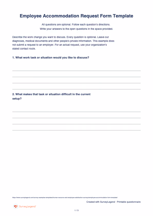 First page of the printable Employee Accommodation Request Form Template with questions and answer spaces